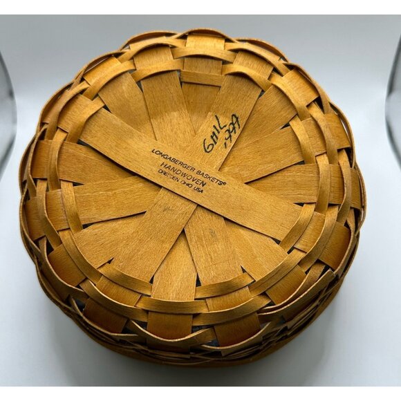 Longaberger Round Basket 1994 With Leather Handles Blue White Fabric Liner 6” - Picture 7 of 9